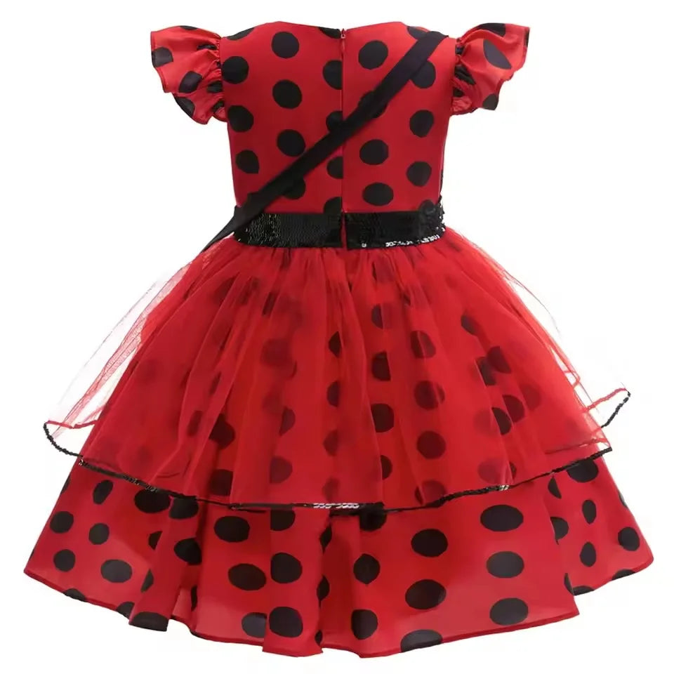 Fashion Polka Dot Red Dress Girls Cosplay Costumes with Bag Gloves Earrings for Carnival Kids Party Dresses Birthday Dress Gown