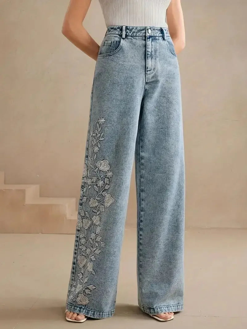 Women's plus Size Y2K Straight Leg Jeans Trendy Stretch Washed Denim Embroidery Design Comfortable Fashion