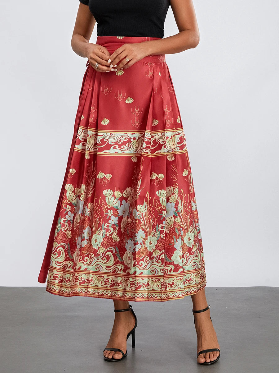 Women s Horse Face Skirt Elegant Phoenix Character Flower Print Pleated Tie Up A-Line Long Swing Skirt National Clothing