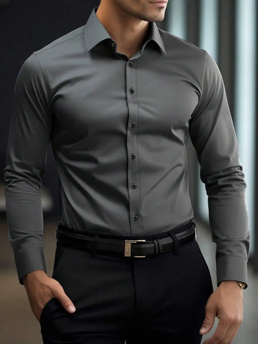Men's Solid White Long Sleeve Single-Breasted Casual Commuter Shirt
