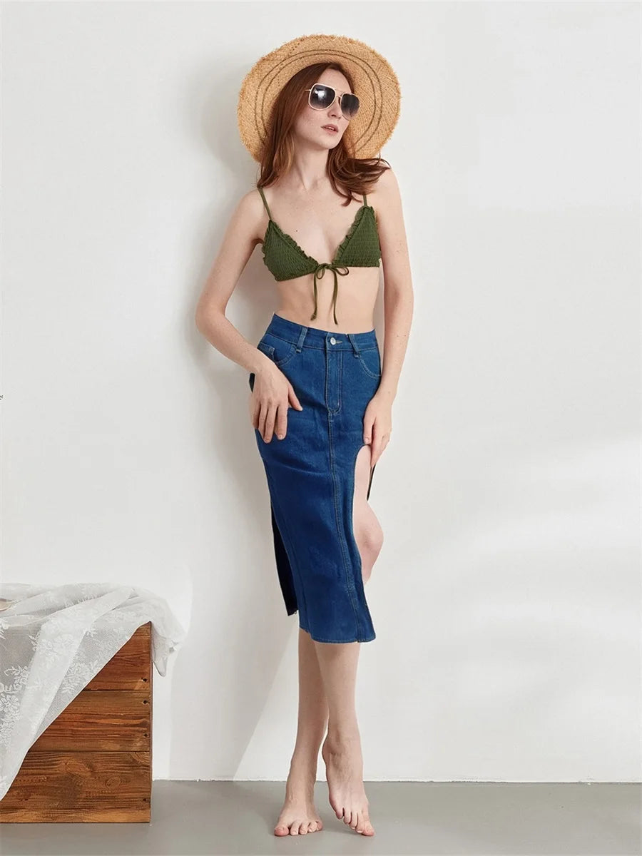 Women s Distressed Denim Skirt with Frayed Hem High Waist Pencil Long Jean Skirt Casual Streetwear for Summer and Spring