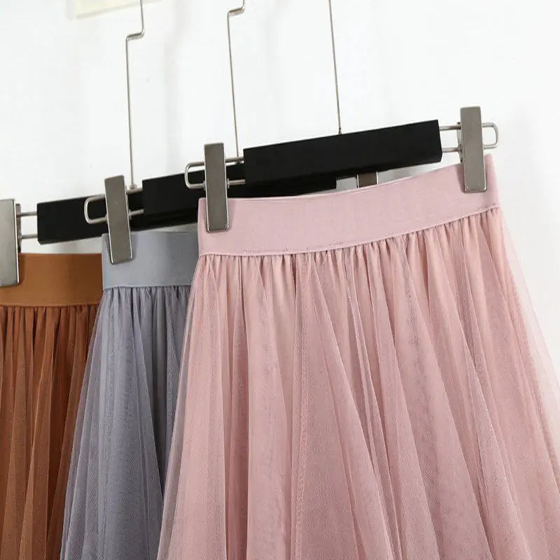 Irregular Mesh Splicing Half Skirt High Waist Mid Length Fairy Skirt, Sweet Versatile Over The Knee Long Skirt For Women