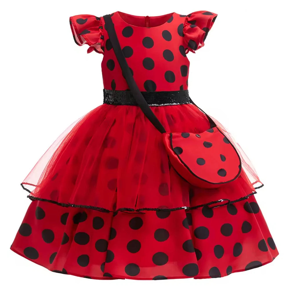 Fashion Polka Dot Red Dress Girls Cosplay Costumes with Bag Gloves Earrings for Carnival Kids Party Dresses Birthday Dress Gown