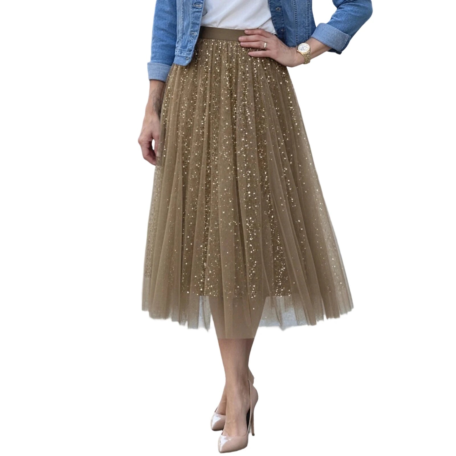 Elegant Sequin Embellished Knee-Length Mesh Skirt with Stretchy Waistband Perfect for Work Events and Nights Out