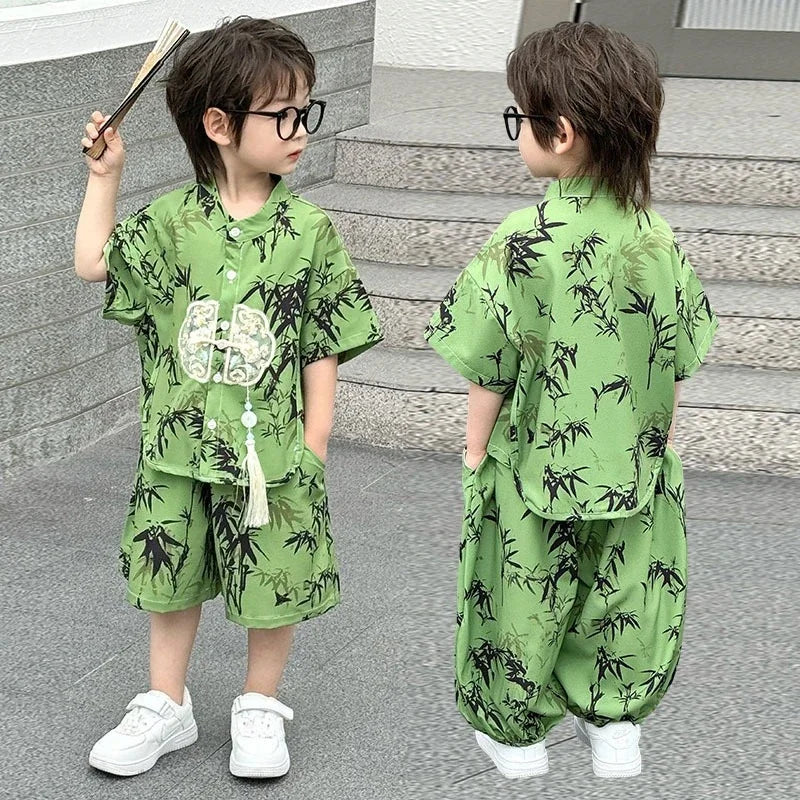Summer Short Sleeve 2 Piece Set Boys Costume Kids Clothes Casual Boy Outfit Tang Style Hanfu Suit Baby Fashion Children's Sets