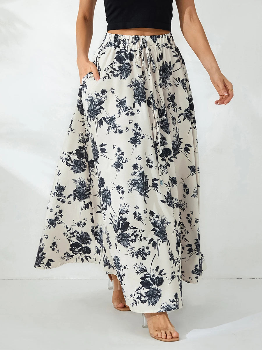 Women Long Skirt Elegant High Waisted Skirt Solid Flower Print Summer Swing Skirt