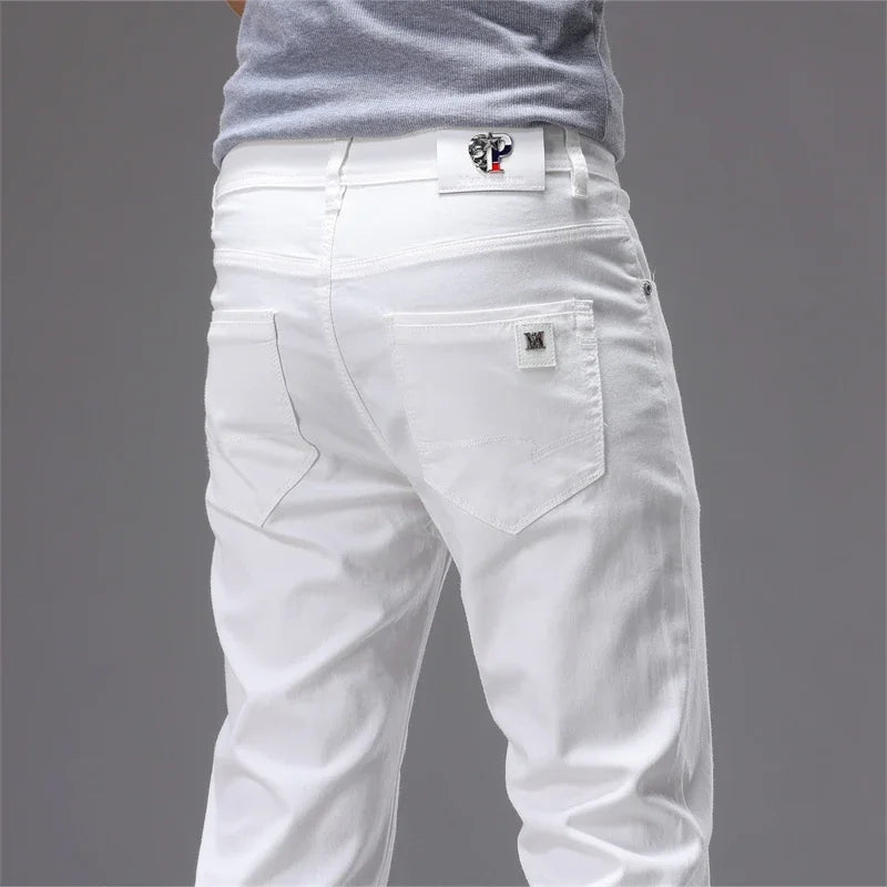 98% Cotton White Jeans Men's Fashion Korean Style Slim Straight Elastic Denim Pants Soft and Comfortable Spring Casual Trousers
