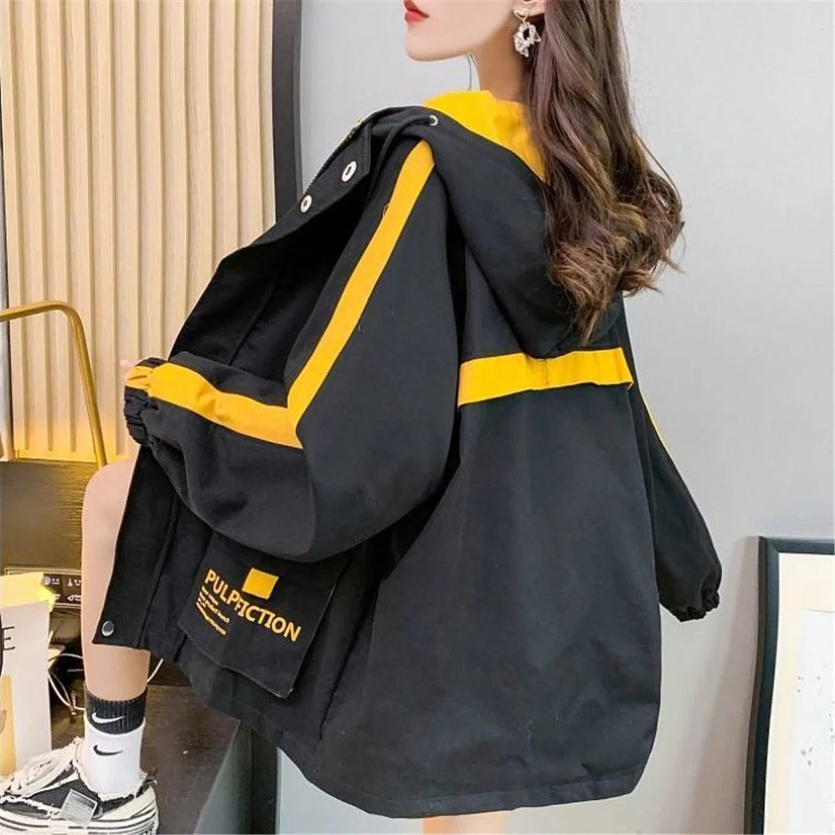Fashion Work Jacket Harajuku Streetwear Kpop Hoodie Women Anime Tops Vintage Ulzzang Autumn Boyfriend Patchwork Jacket Femme