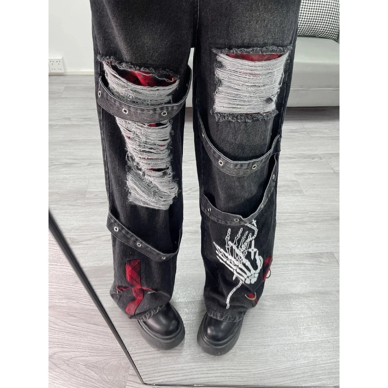 Y2k American-style hot girl ripped casual jeans for women straight-cut high-waisted loose wide-leg large-size floor-length pants