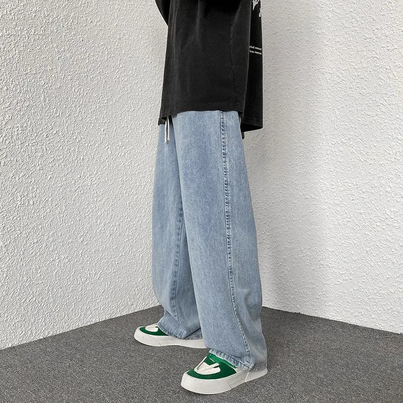 Oversized 5XL Men's Wide-leg Jeans Autumn New Casual Simple Straight Denim Trousers Black Gray Fashion Baggy Streetwear Pants