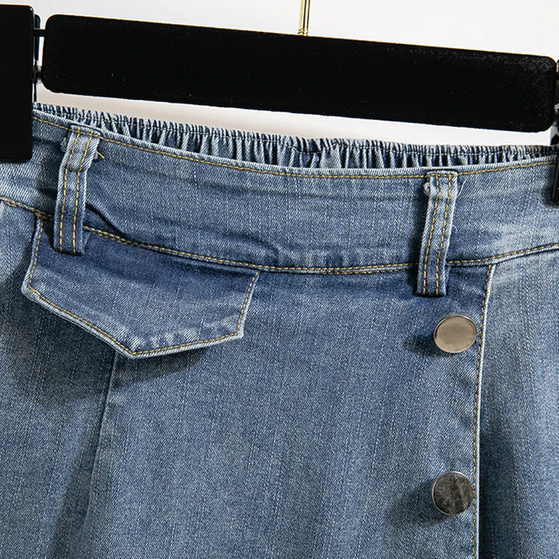 Plus Size Denim Skirt Women Autumn 2024 New High Elastic Waist Blue Color Jeans Skirts With Lining Korean Style Casual Skirt