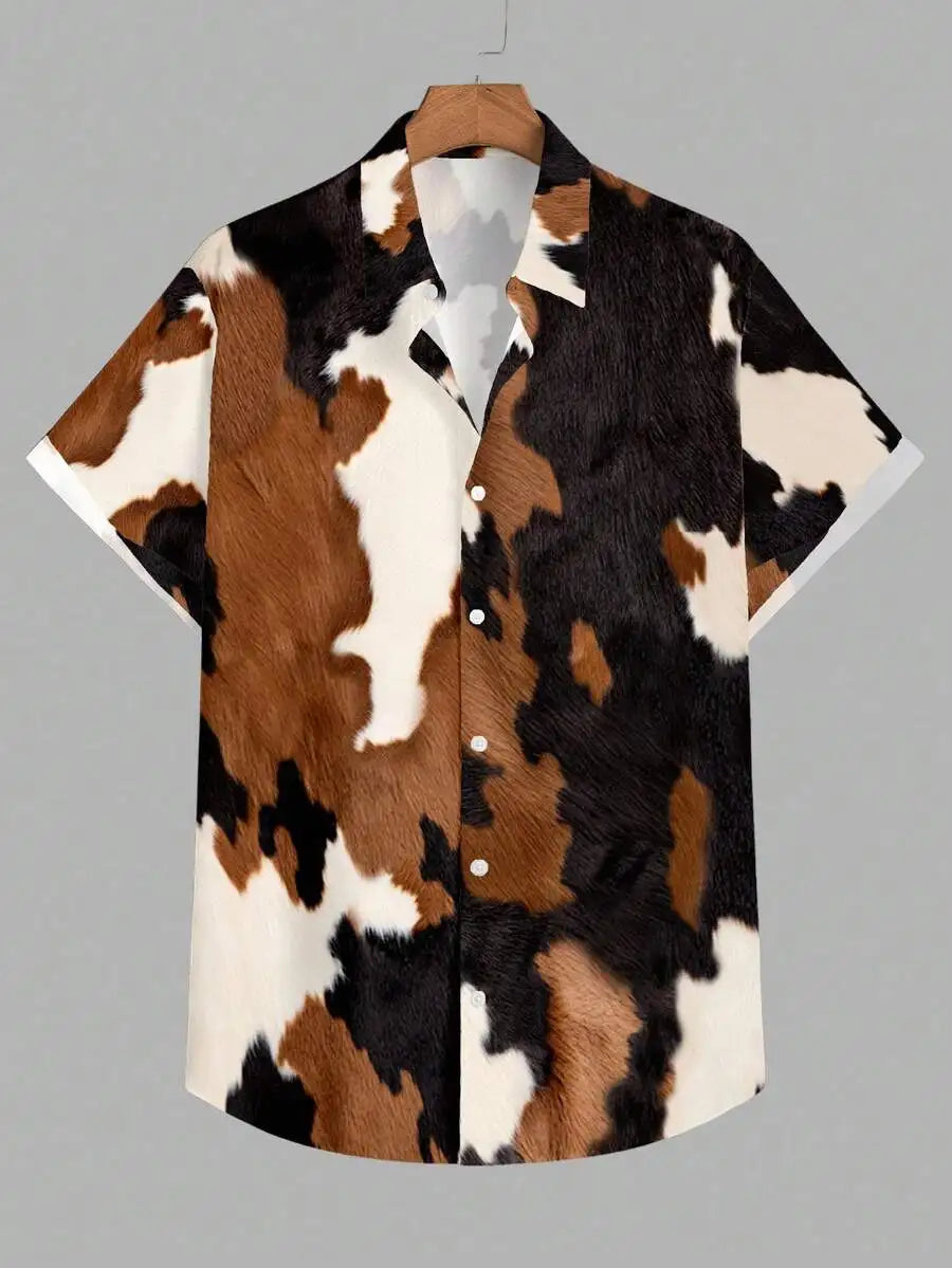 Men's Casual Western-Style Cow Print Button-Front Short Sleeve Shirt for Summer