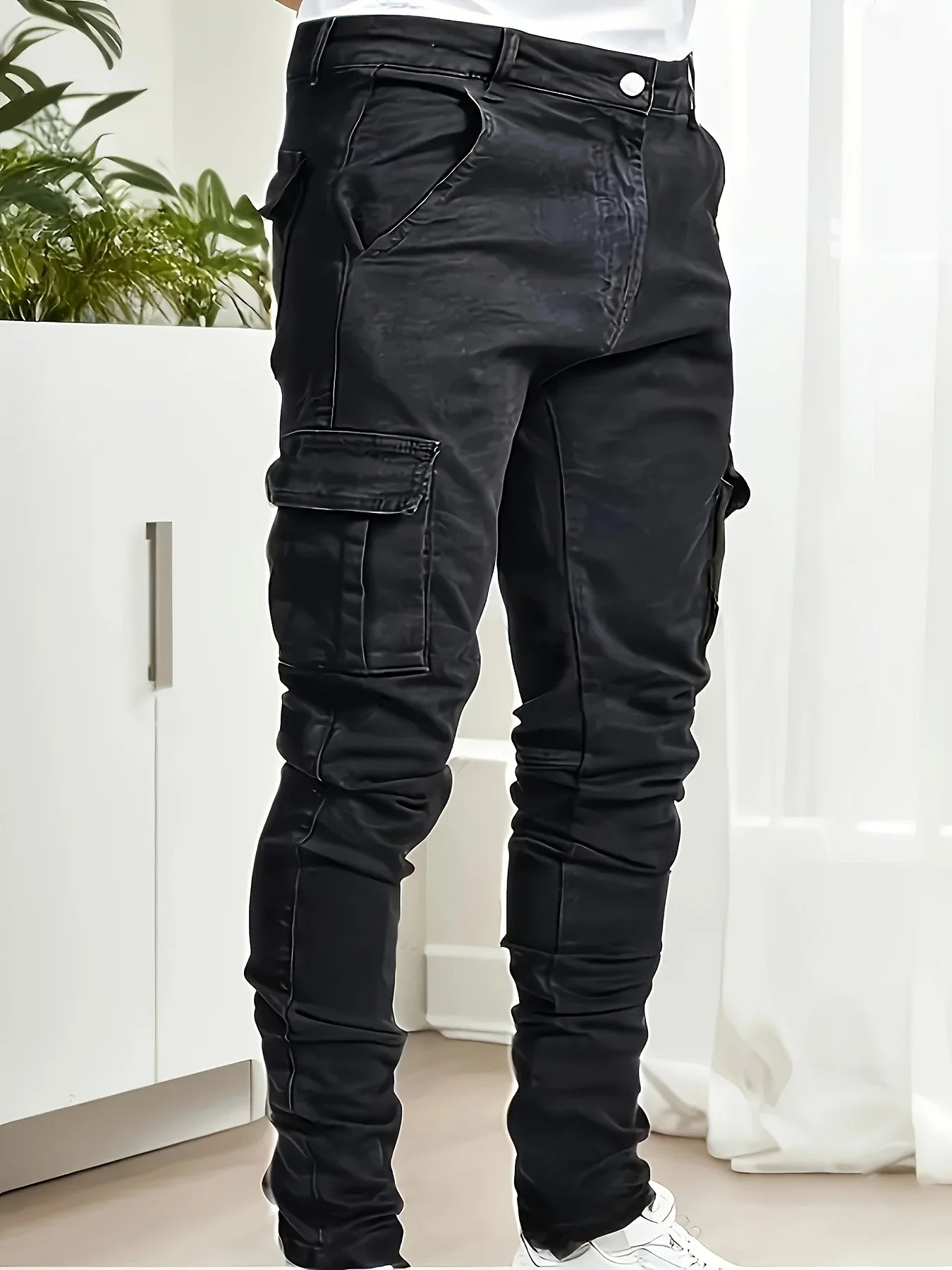 Men's multi-pocket work jeans, casual street-style straight-leg jeans, suitable for all seasons.