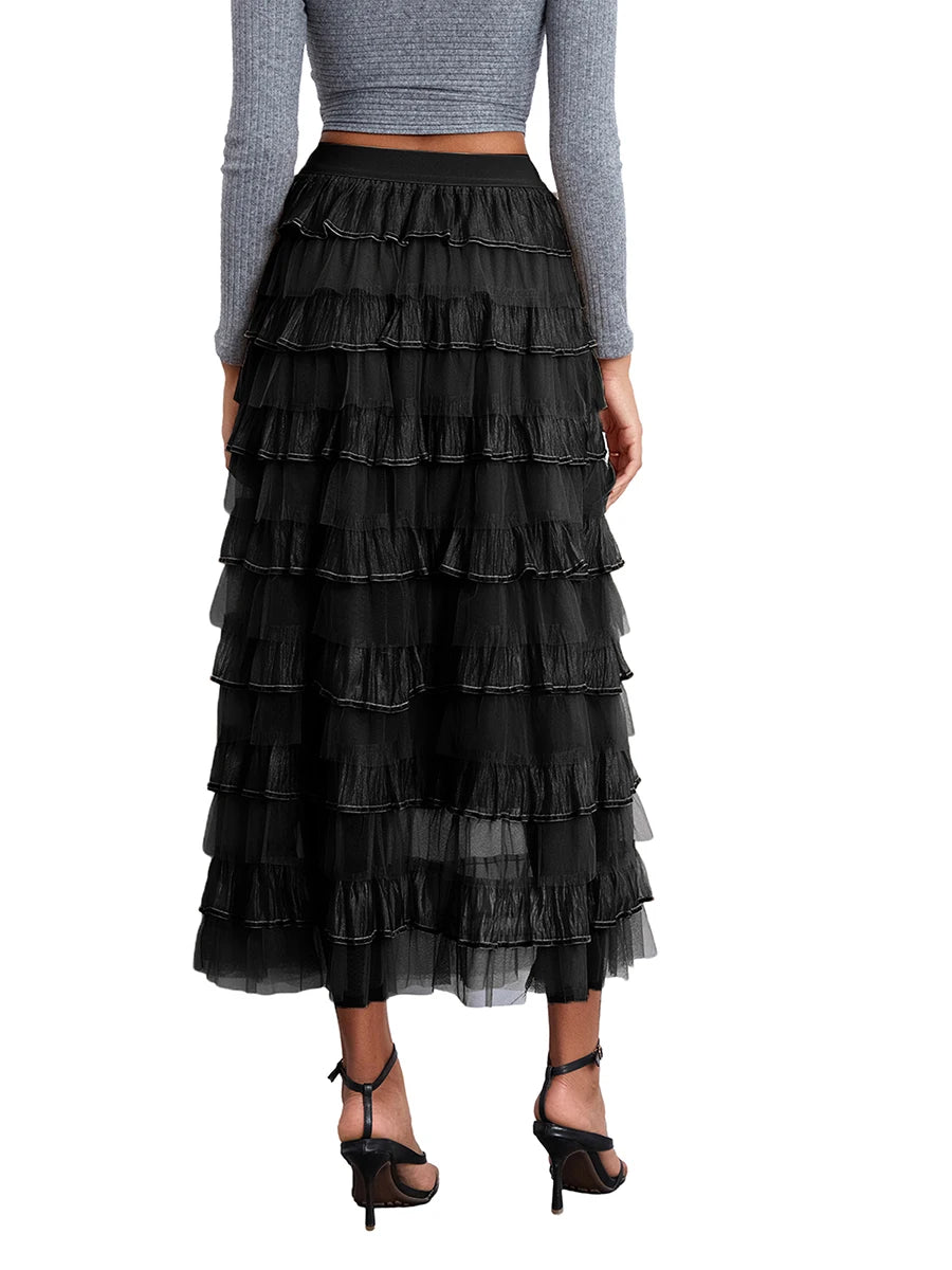 Women s Elegant Tulle Long Skirt Sweet Puffy Fluffy Layered A-Line Tutu Cake Skirts for Bride