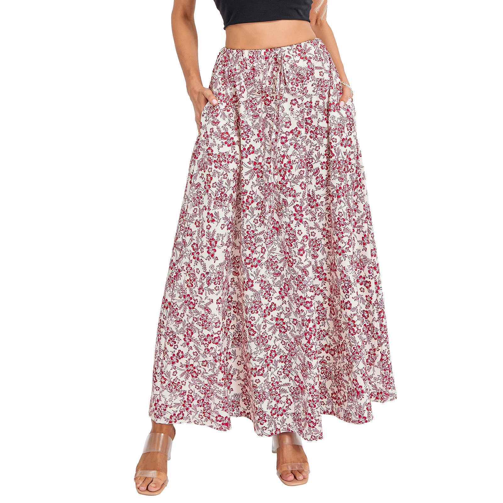 Women Long Skirt Elegant High Waisted Skirt Solid Flower Print Summer Swing Skirt