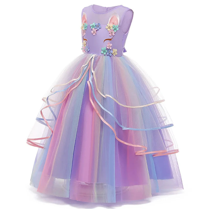 Kids Elegant Evening Dress For Carnival Girls Party Dresses Gown Children's Birthday Dress Bowknot Colorful Girl Princess Dress