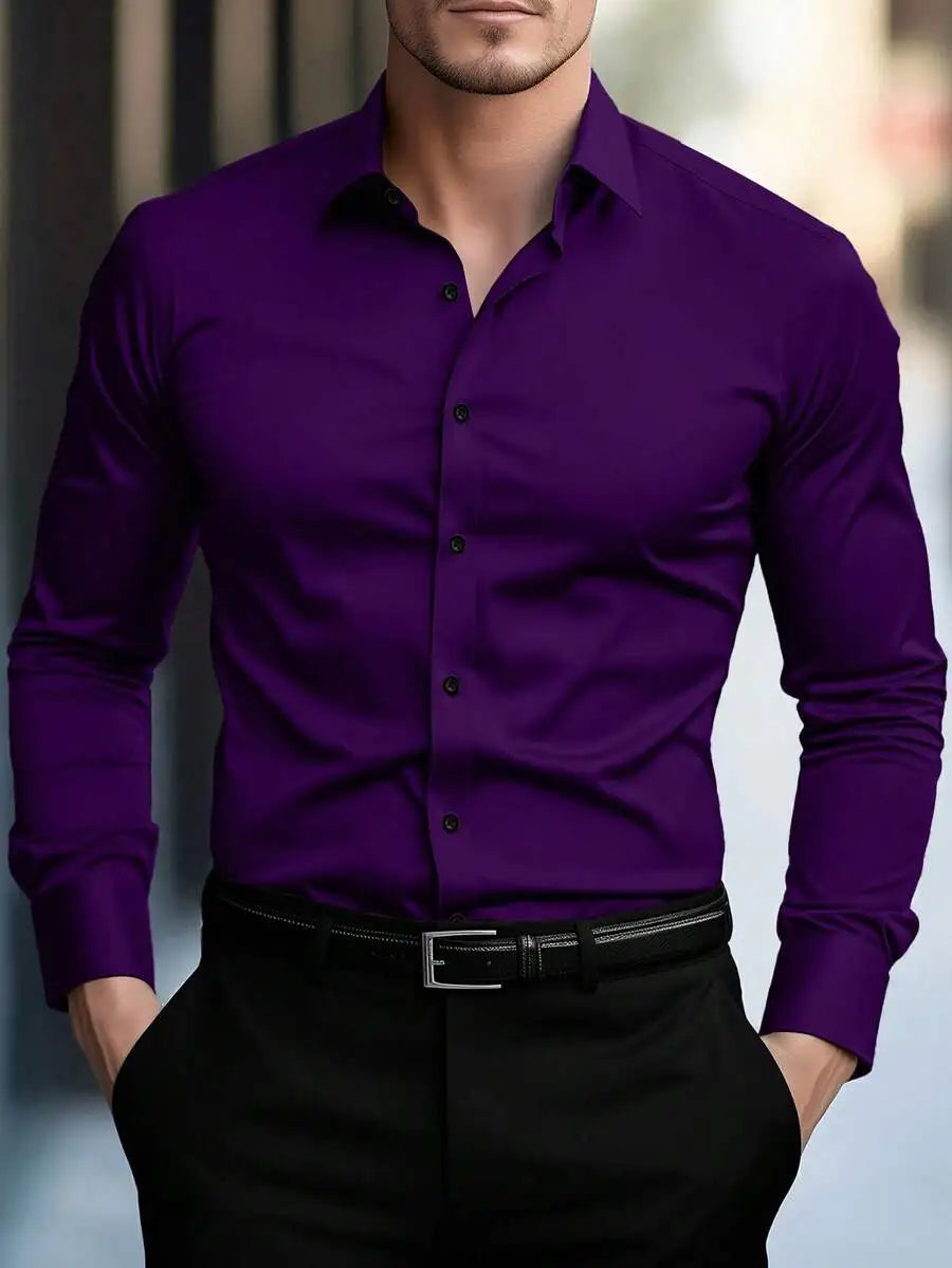 Men's Solid White Long Sleeve Single-Breasted Casual Commuter Shirt