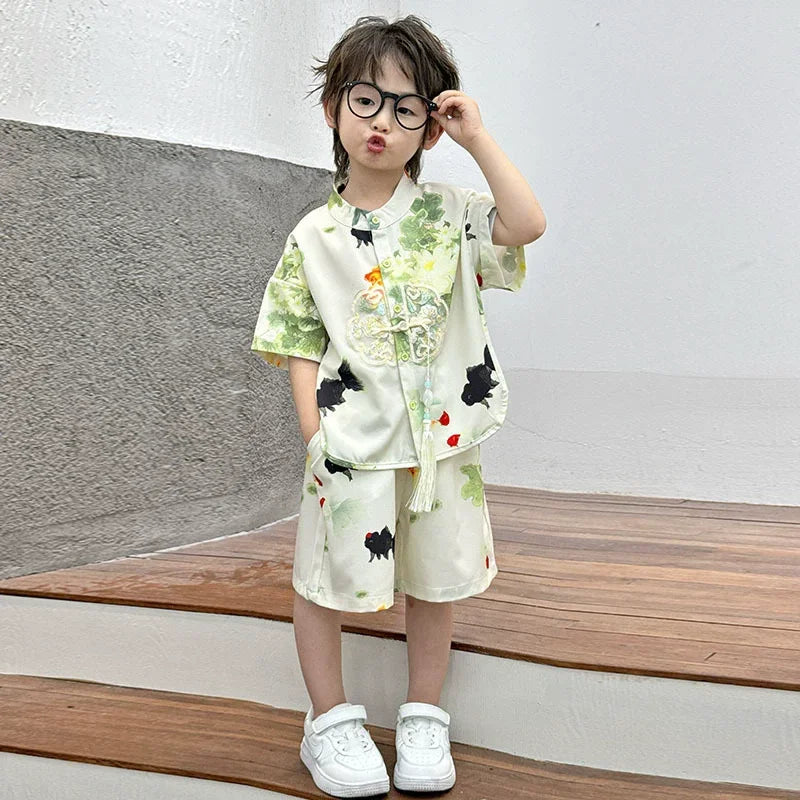 Summer Short Sleeve 2 Piece Set Boys Costume Kids Clothes Casual Boy Outfit Tang Style Hanfu Suit Baby Fashion Children's Sets