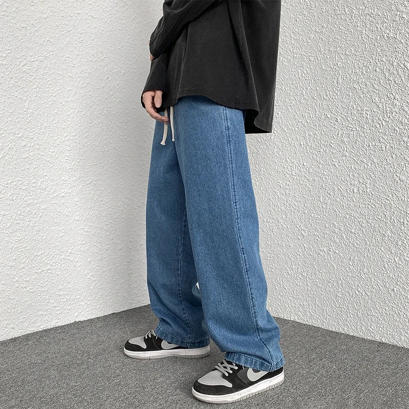 Oversized 5XL Men's Wide-leg Jeans Autumn New Casual Simple Straight Denim Trousers Black Gray Fashion Baggy Streetwear Pants