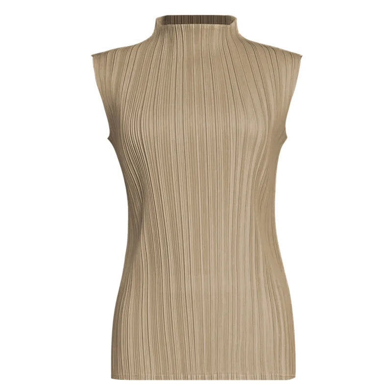 Miyake Pleated Elegant Fashion Temperament Solid Color Half High Neck Sleeveless Women's Vest 2025 Summer New Breathable Top