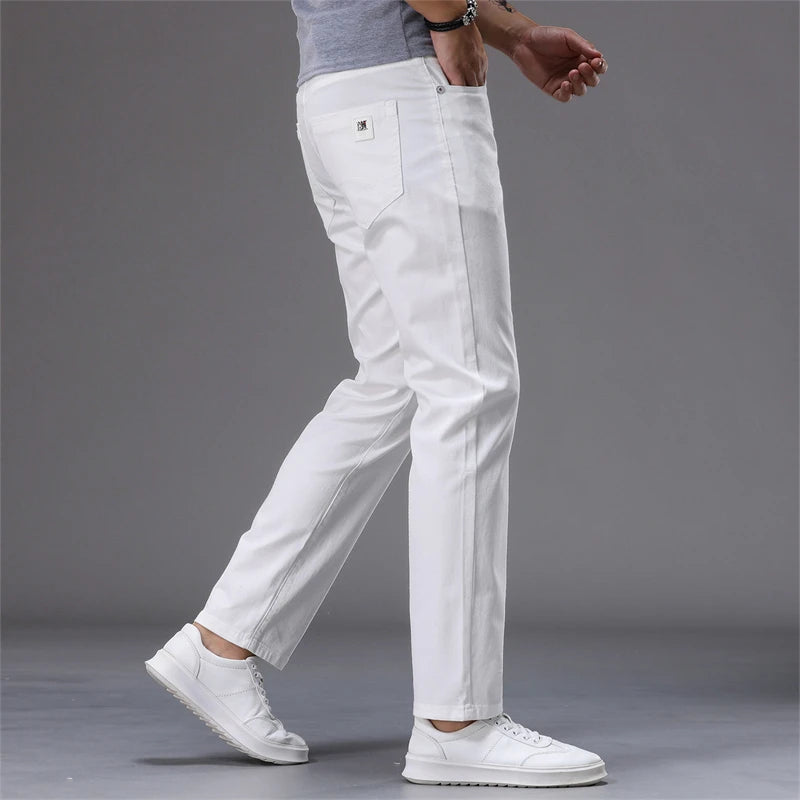 98% Cotton White Jeans Men's Fashion Korean Style Slim Straight Elastic Denim Pants Soft and Comfortable Spring Casual Trousers