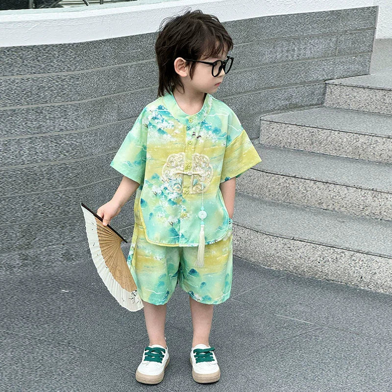Summer Short Sleeve 2 Piece Set Boys Costume Kids Clothes Casual Boy Outfit Tang Style Hanfu Suit Baby Fashion Children's Sets