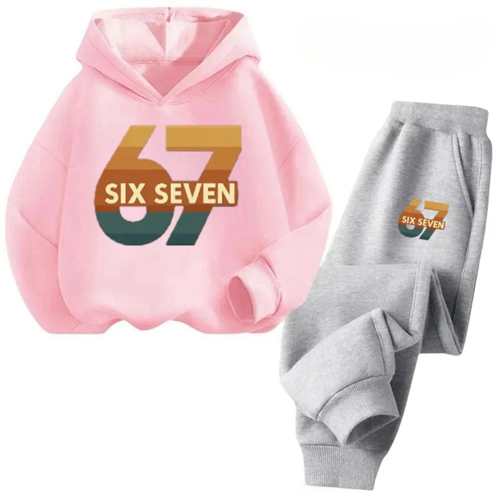 New 67 pattern printed hooded sweatshirt with sweatpants for autumn and winter, comfortable and loose 2-piece set for children