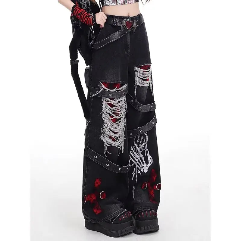 Y2k American-style hot girl ripped casual jeans for women straight-cut high-waisted loose wide-leg large-size floor-length pants