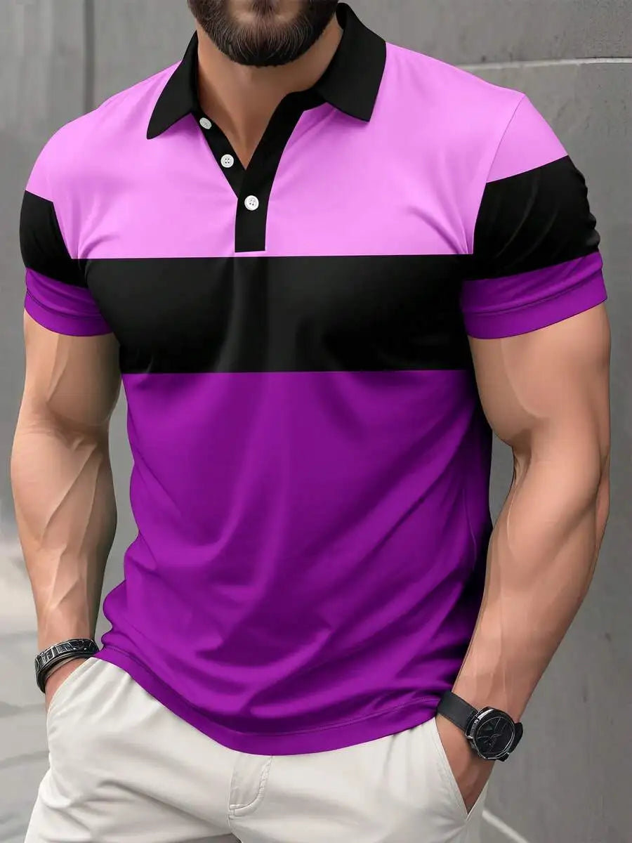 Men's Color-Block Short Sleeve Polo Shirt - Beige, Black & Brown, Casual Summer Wear
