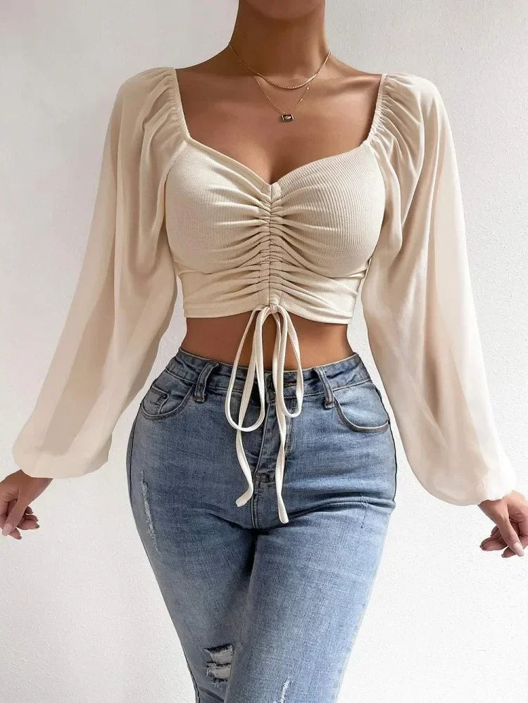 Sexy V-neck Women Blouses Drawstring Long Sleeve Crop Tops Ladies Fashion Summer Short Shirt Woman Clothes Blusas Camisas Mujer