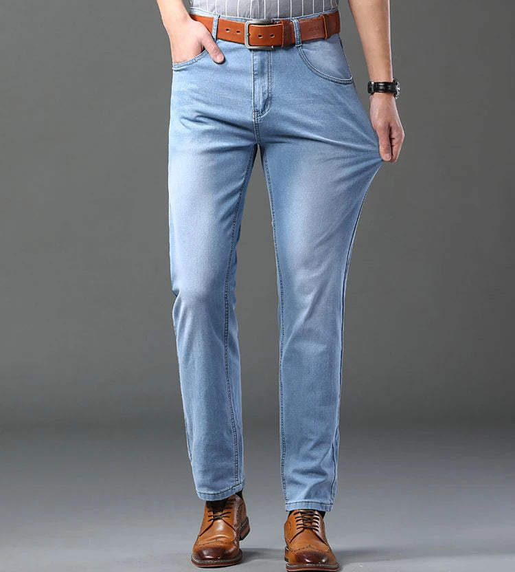Men's Thin Jeans 2025 Summer New Style Business Casual Slim Fit Elastic Classic Style Trousers Sky Blue Pants Male size 28-40