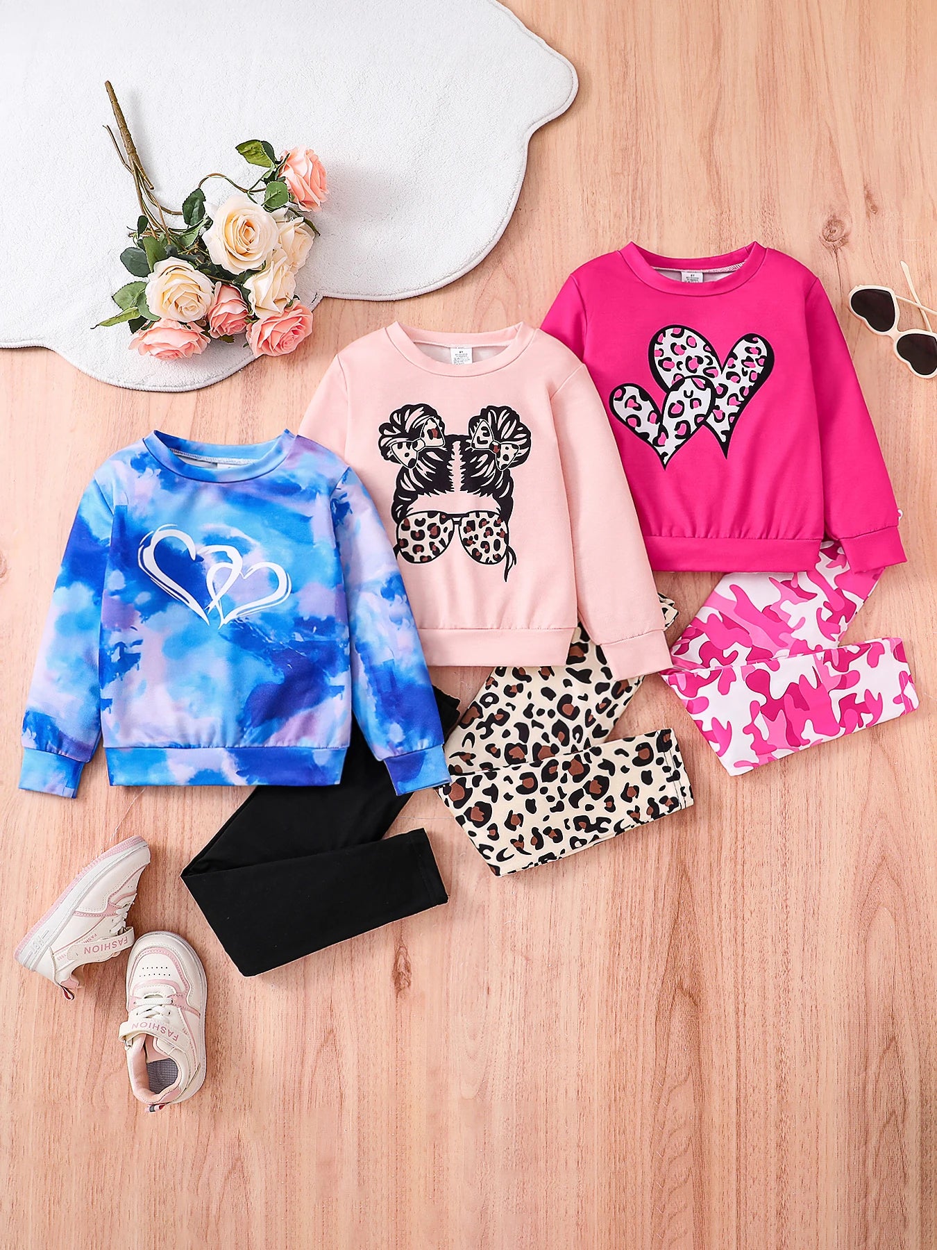 3 sets of spring and autumn children's basic clothing sets with tie-dyed round-neck long-sleeved leggings for
