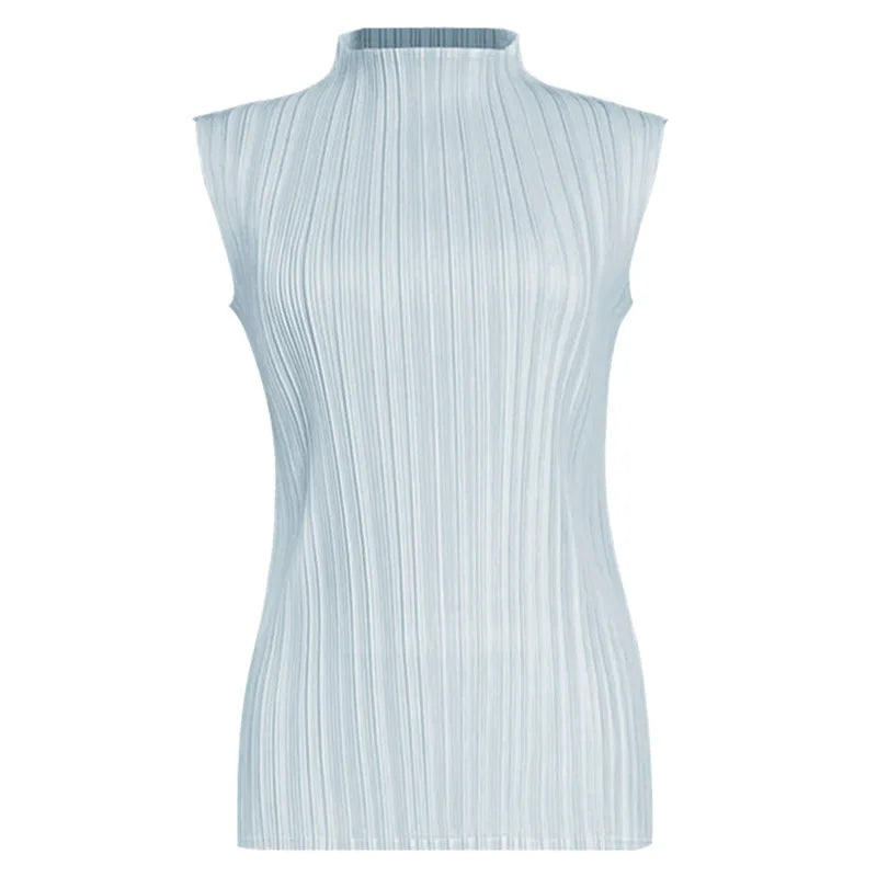 Miyake Pleated Elegant Fashion Temperament Solid Color Half High Neck Sleeveless Women's Vest 2025 Summer New Breathable Top