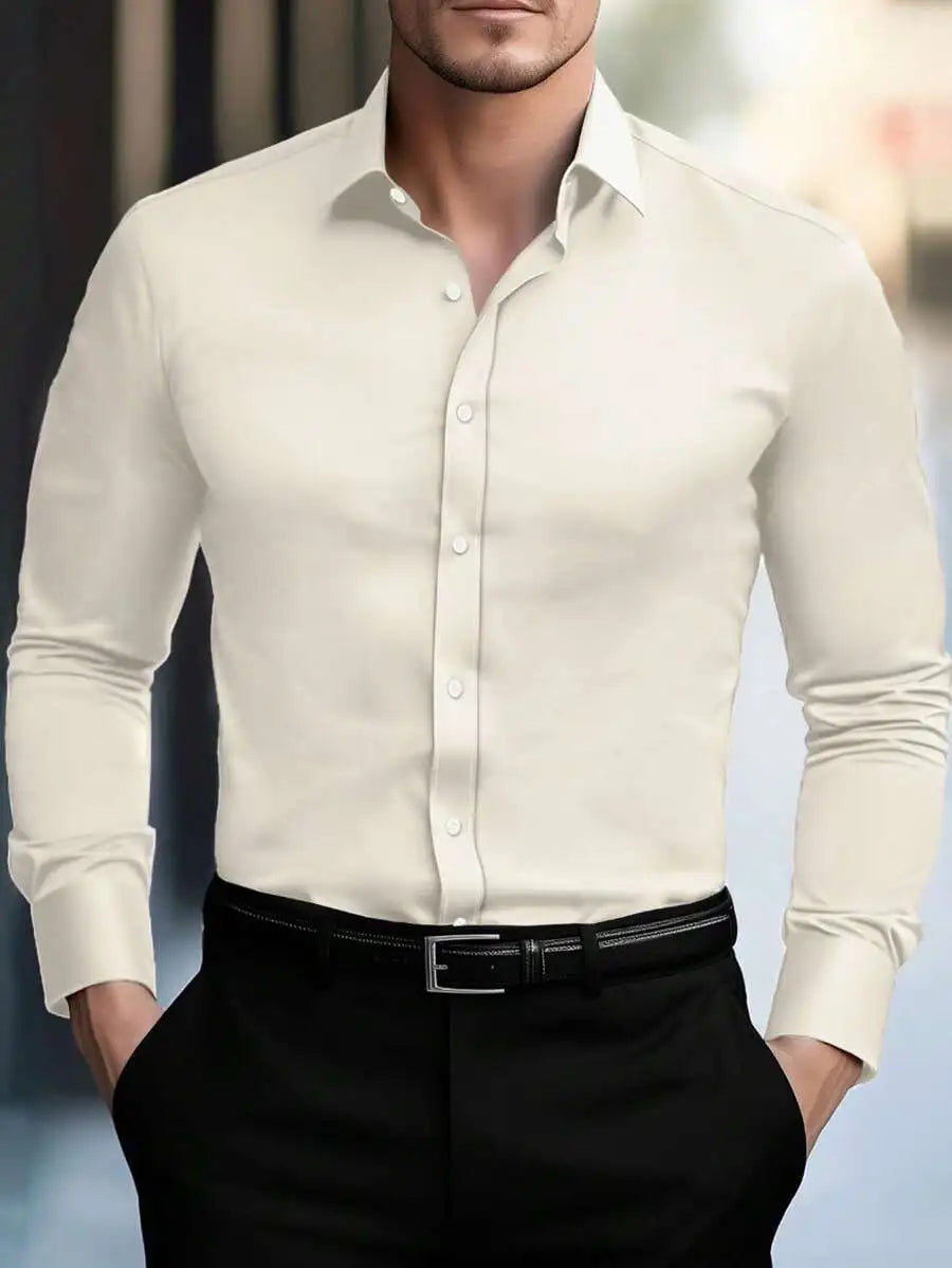 Men's Solid White Long Sleeve Single-Breasted Casual Commuter Shirt