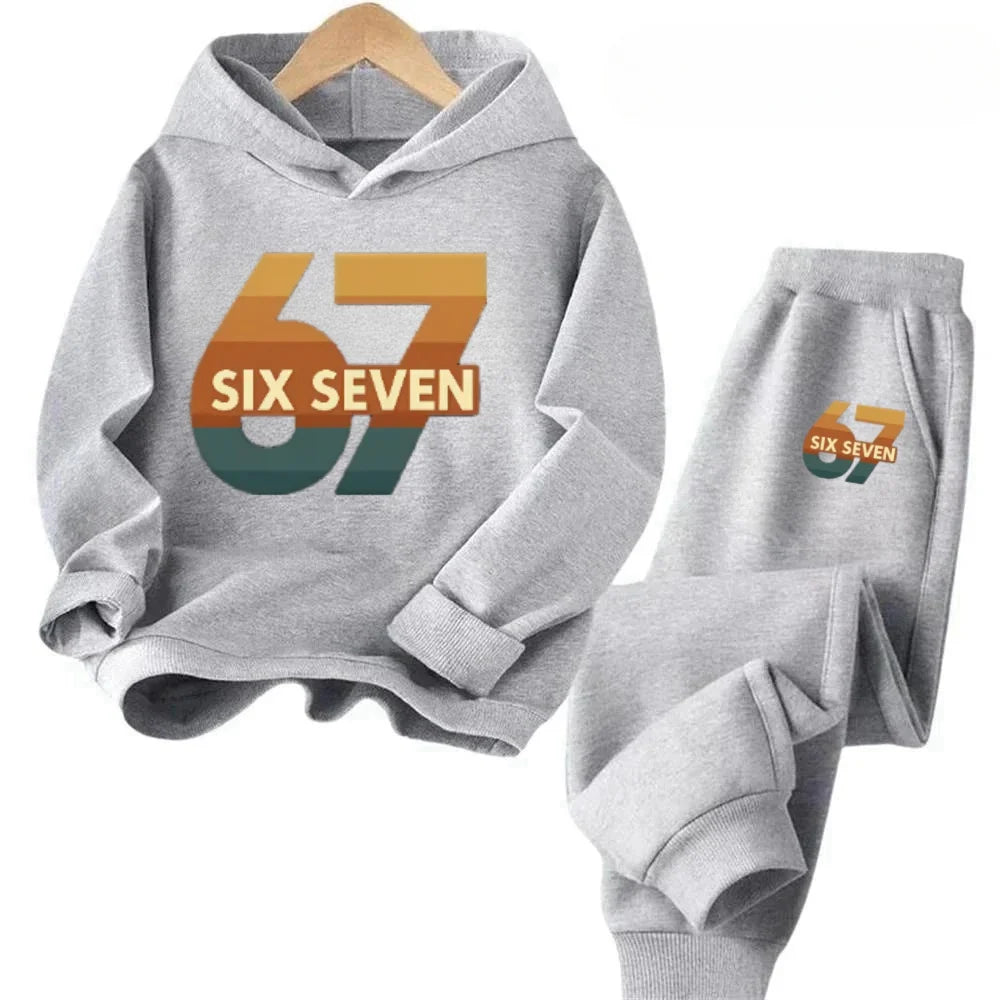 New 67 pattern printed hooded sweatshirt with sweatpants for autumn and winter, comfortable and loose 2-piece set for children