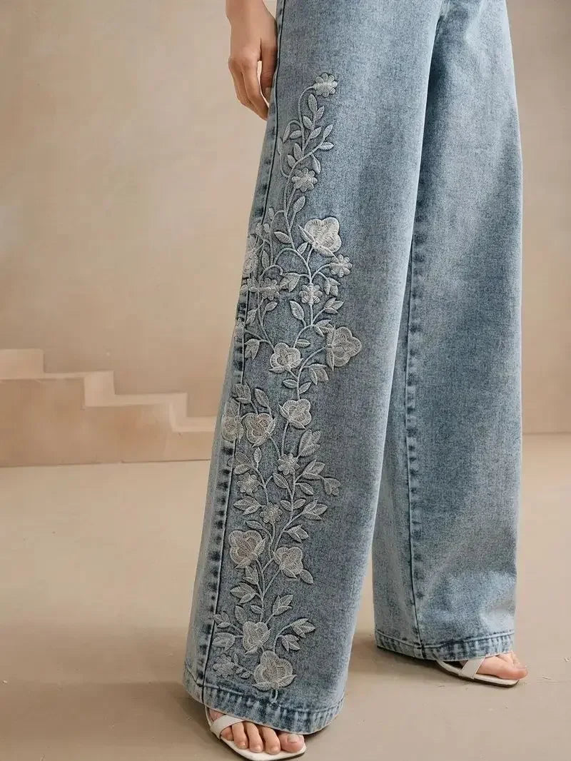 Women's plus Size Y2K Straight Leg Jeans Trendy Stretch Washed Denim Embroidery Design Comfortable Fashion
