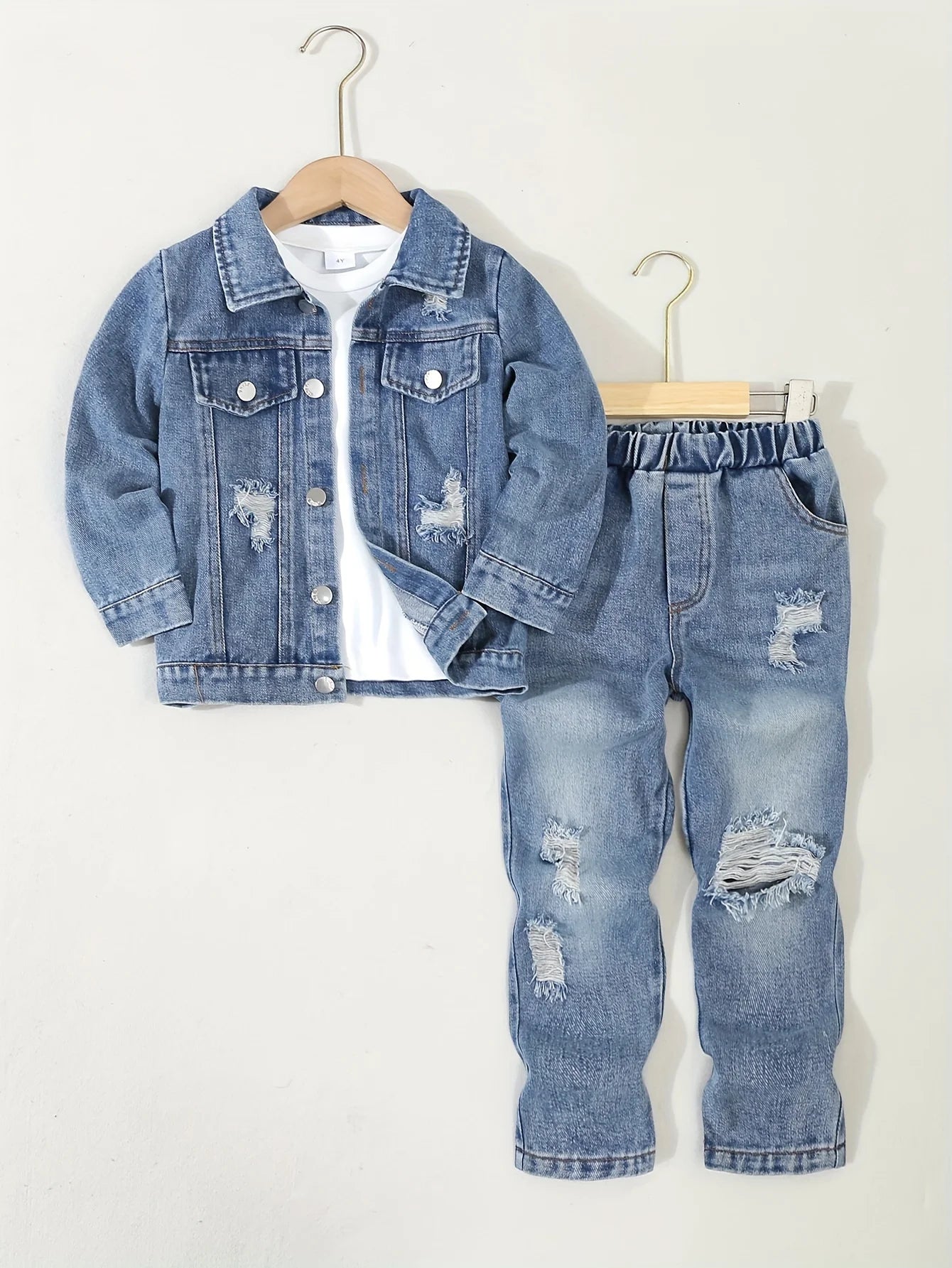 Boys' Autumn And Winter Denim 3-Piece Set: Casual Windproof Denim Jacket + Round-Neck T-Shirt + Washable Ripped Jeans