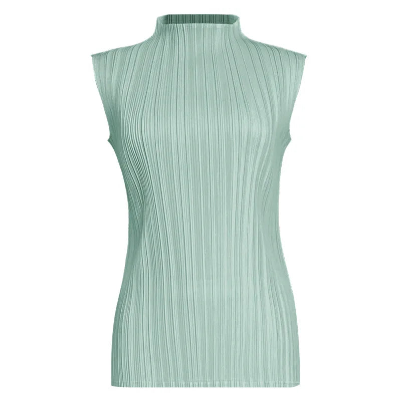 Miyake Pleated Elegant Fashion Temperament Solid Color Half High Neck Sleeveless Women's Vest 2025 Summer New Breathable Top