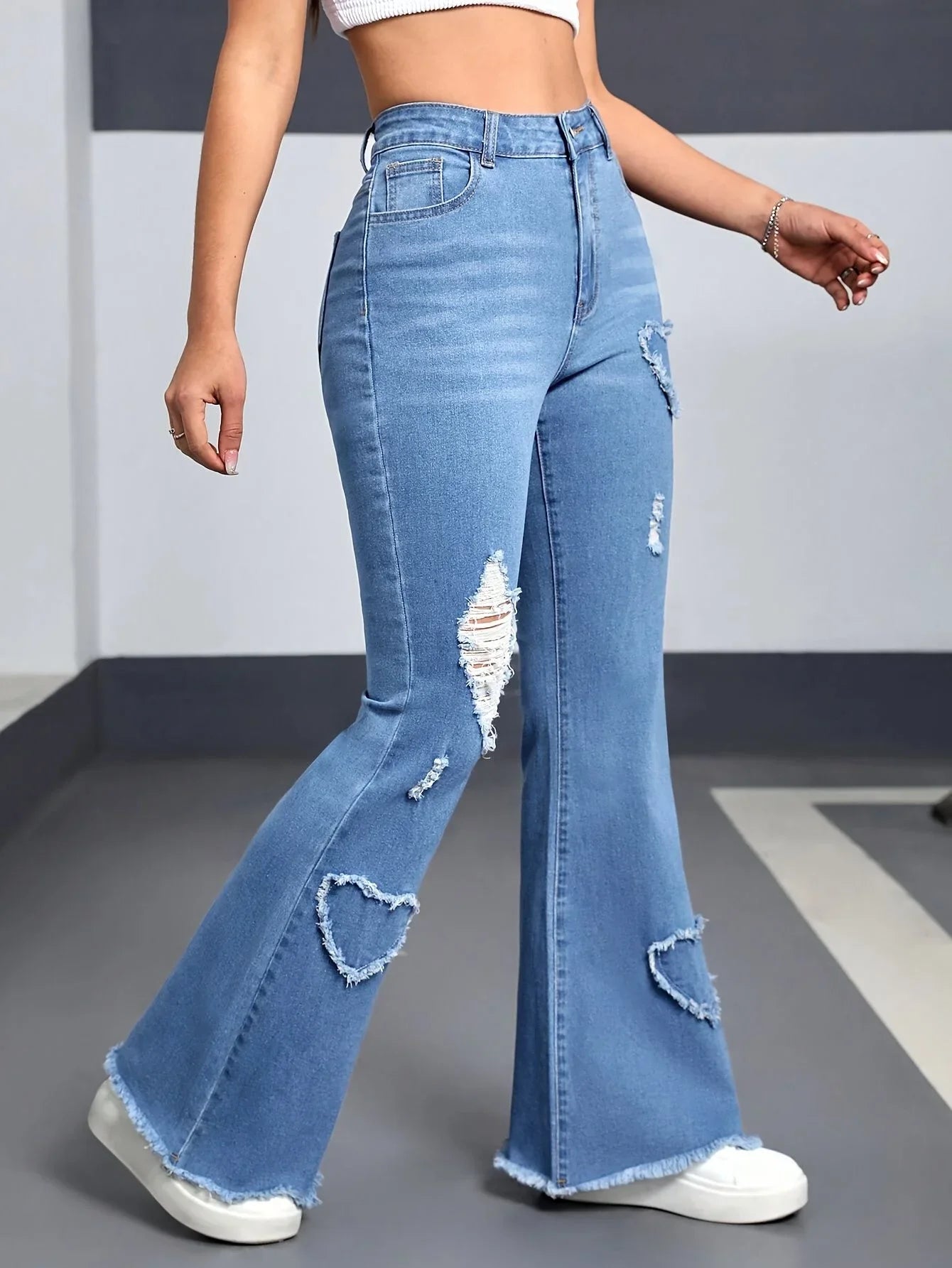 Y2K Blue Stretchy Heart Shaped Flared Jeans High Waist Retro Fashion Trendy Elastic Trousers for Women