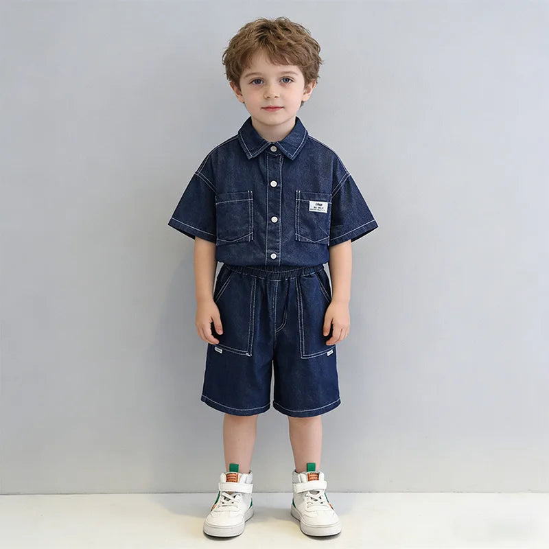 Boys Summer Denim Suit 2026 New Children's Baby Short Sleeved Shirt Shorts Two-piece Set  2Pcs Suits 2-10Years Old Casual Outfit