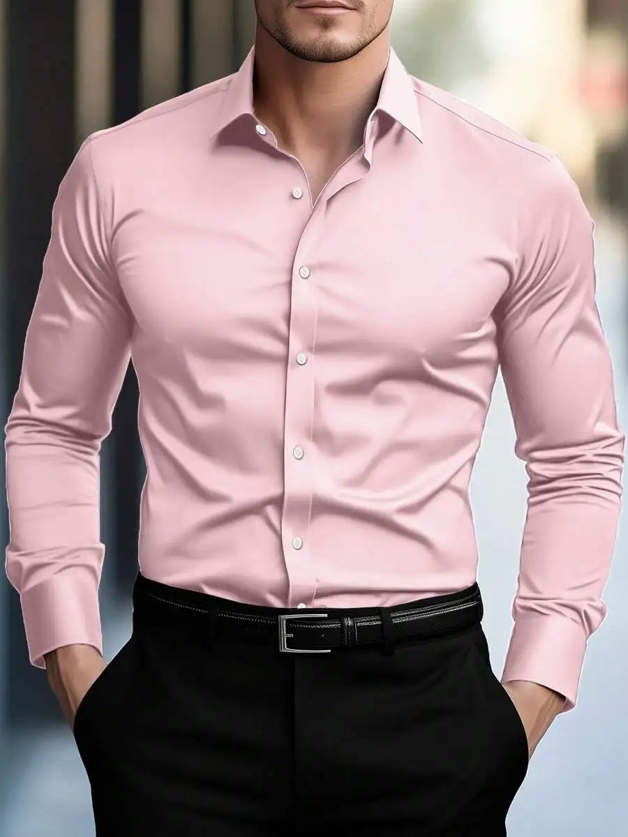 Men's Solid White Long Sleeve Single-Breasted Casual Commuter Shirt