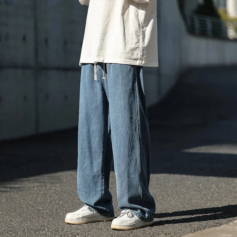 Oversized 5XL Men's Wide-leg Jeans Autumn New Casual Simple Straight Denim Trousers Black Gray Fashion Baggy Streetwear Pants