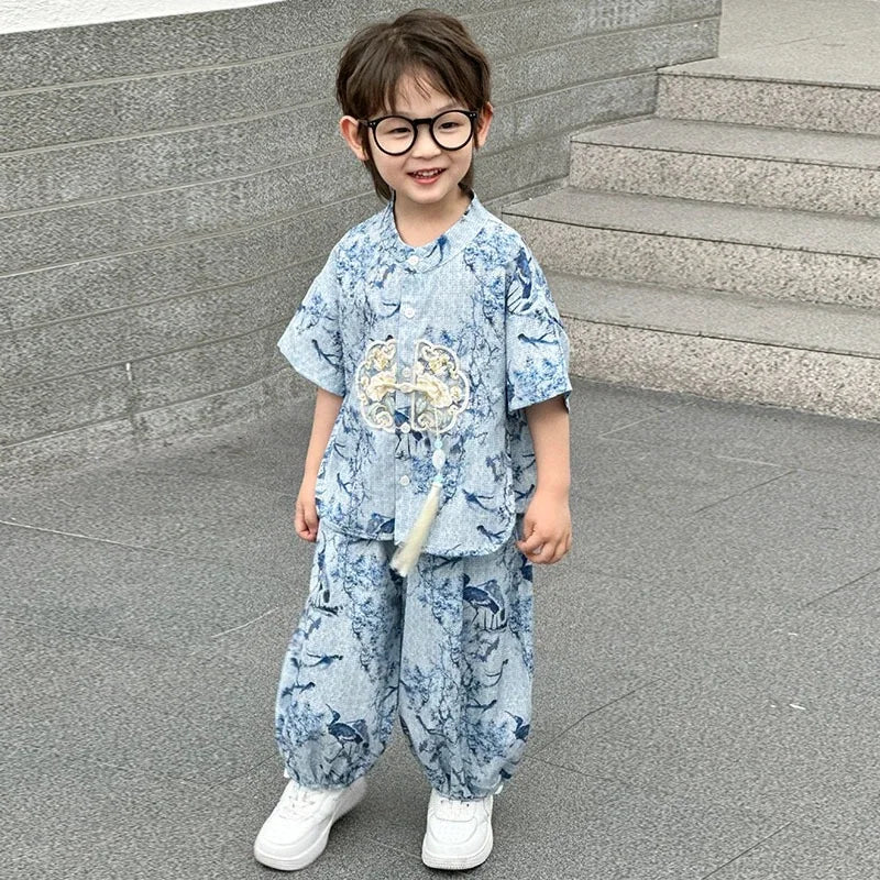 Summer Short Sleeve 2 Piece Set Boys Costume Kids Clothes Casual Boy Outfit Tang Style Hanfu Suit Baby Fashion Children's Sets