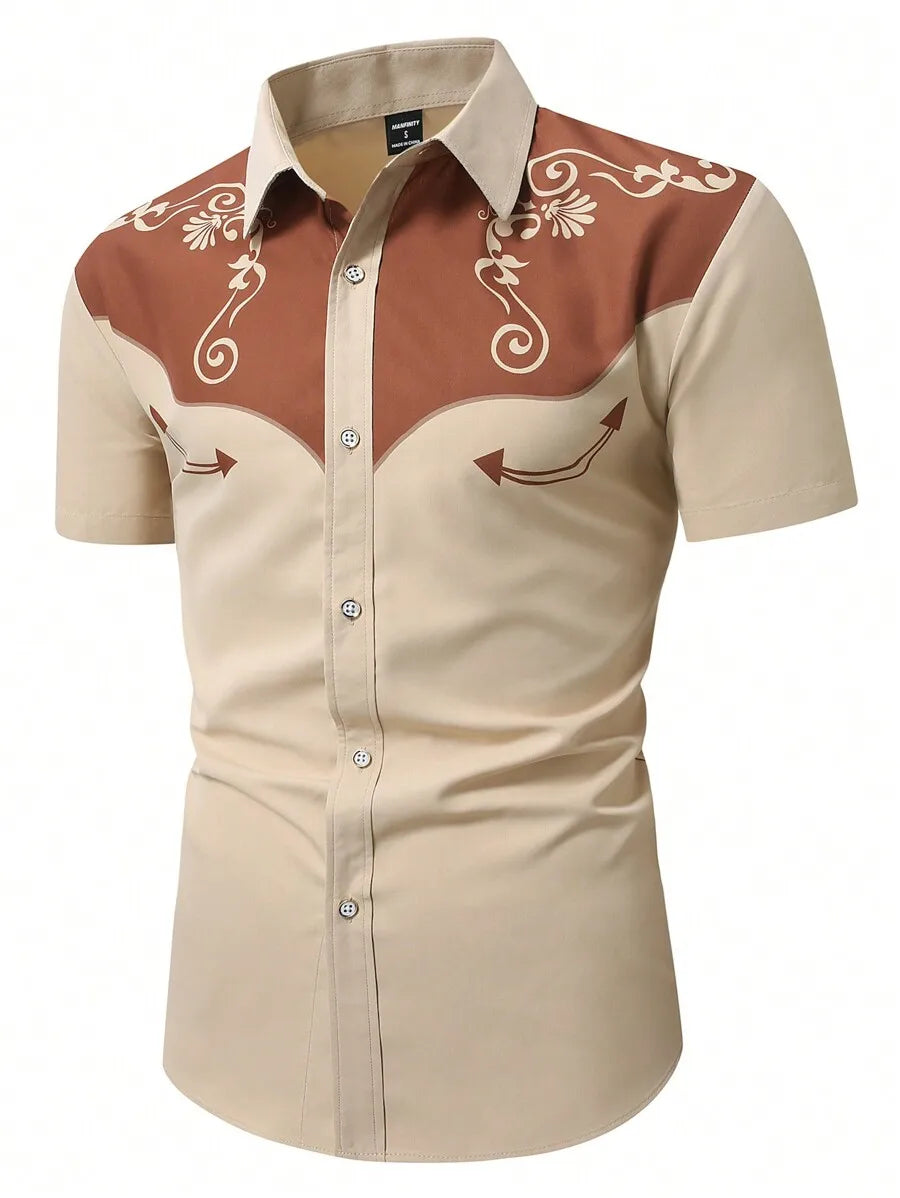 Men's Western-Style Short Sleeve Shirt with Floral Embroidery Pattern