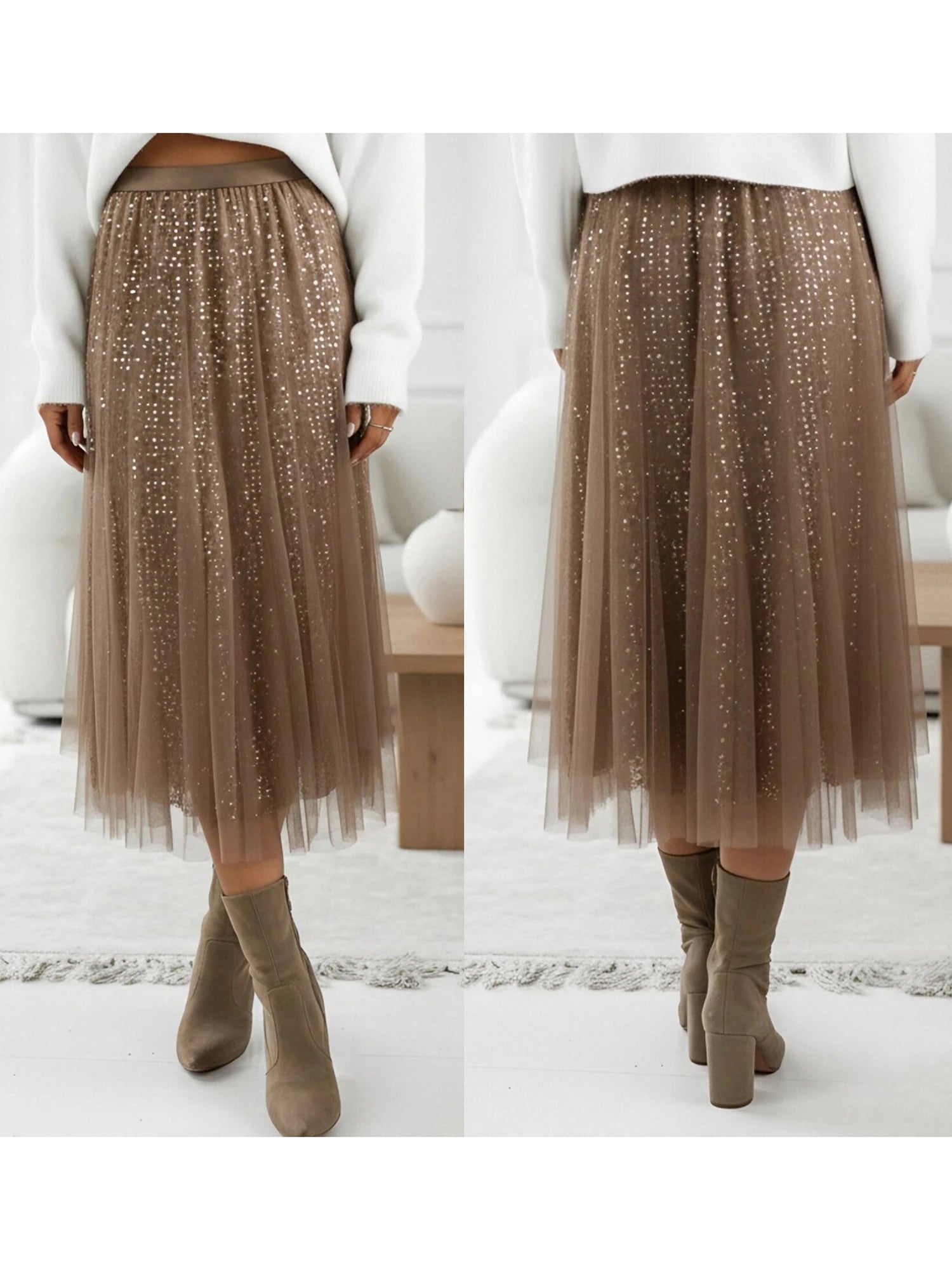 Elegant Sequin Embellished Knee-Length Mesh Skirt with Stretchy Waistband Perfect for Work Events and Nights Out