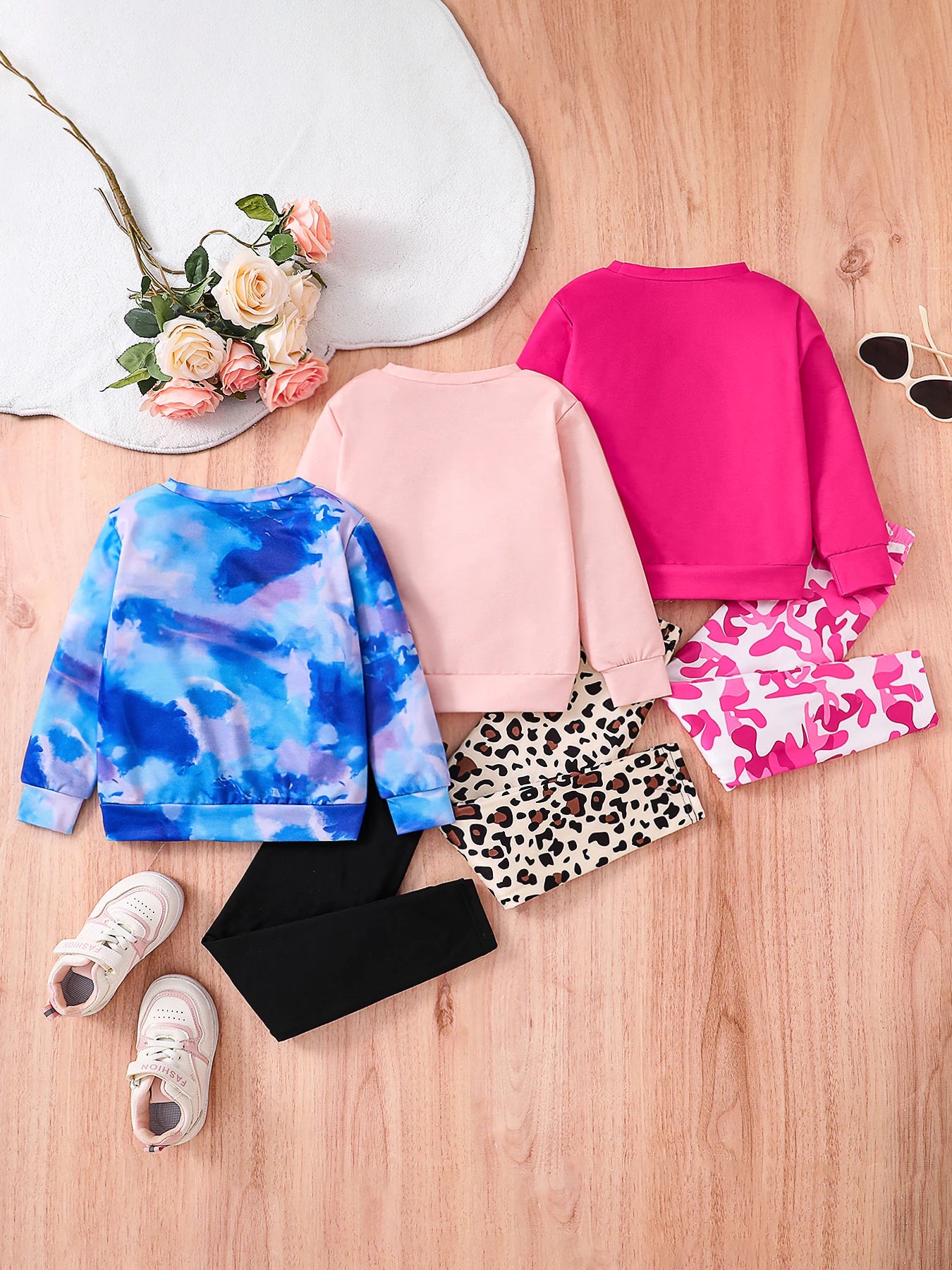 3 sets of spring and autumn children's basic clothing sets with tie-dyed round-neck long-sleeved leggings for