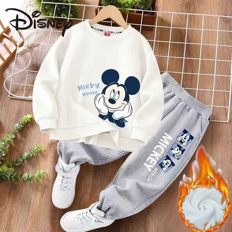 Winter Baby Girl Clothes Set Kid Boy Disney Mickey Sweatshirts Pullover & Pants 2pcs Suit Children Long Sleeve Plush Warm Suit