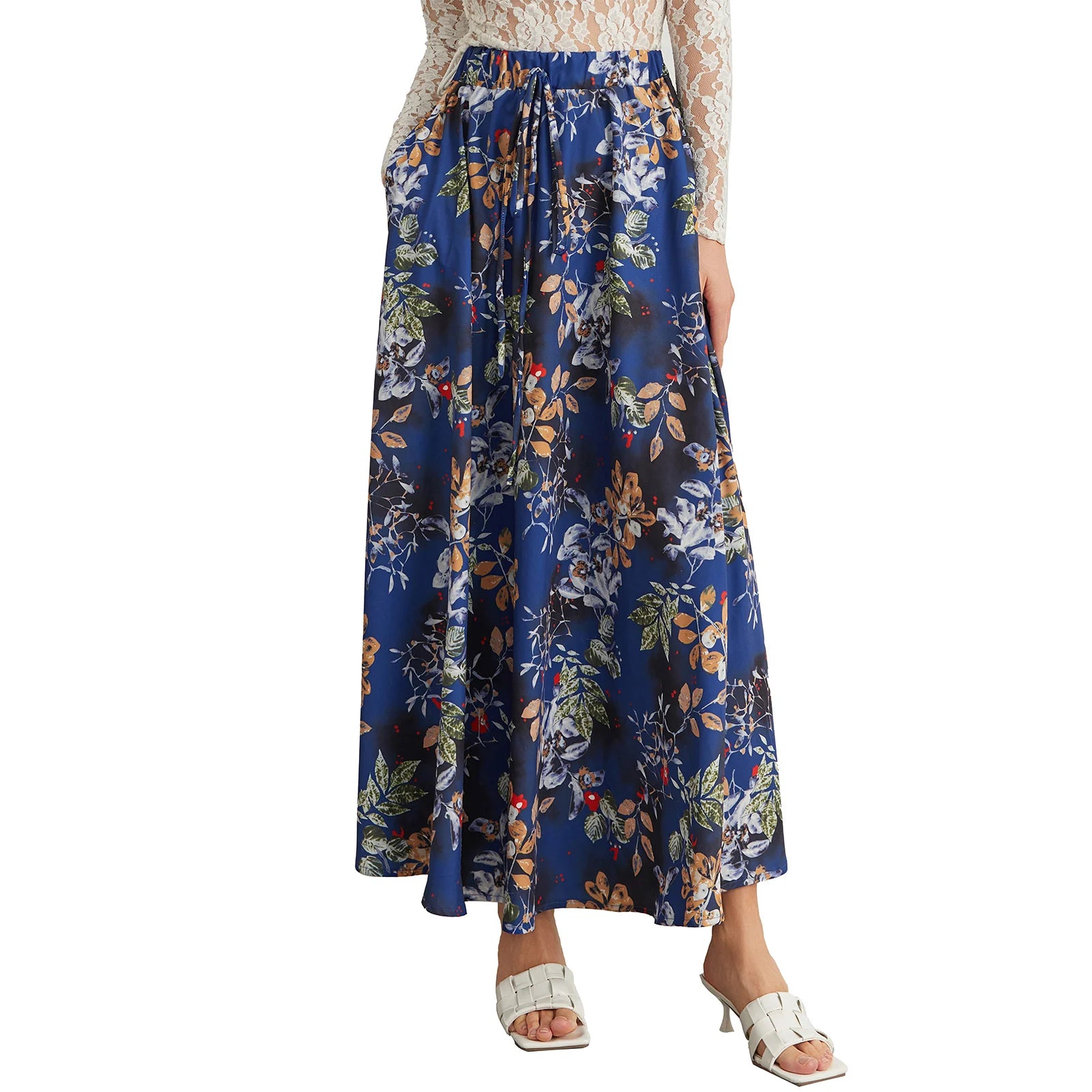 Women Long Skirt Elegant High Waisted Skirt Solid Flower Print Summer Swing Skirt