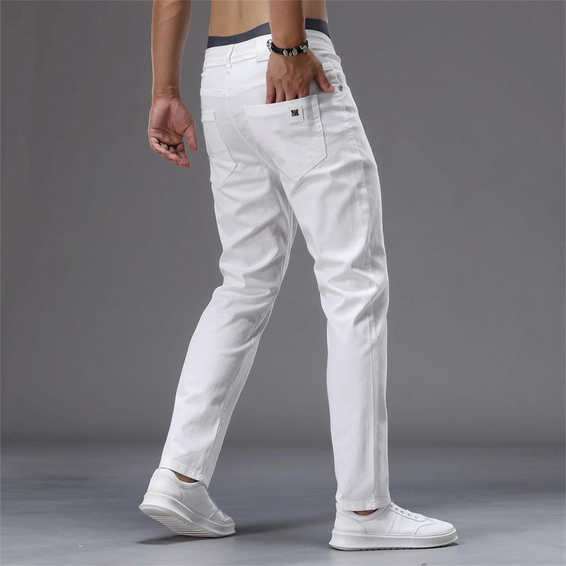 98% Cotton White Jeans Men's Fashion Korean Style Slim Straight Elastic Denim Pants Soft and Comfortable Spring Casual Trousers
