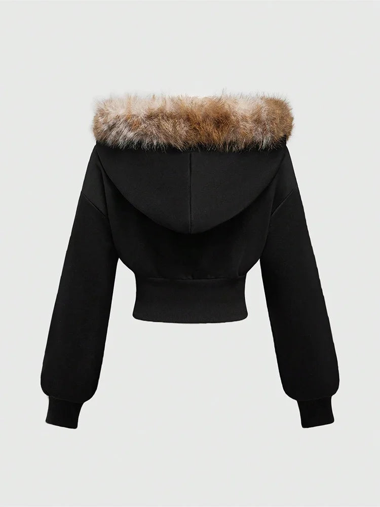 Winter Warm Gothic Print Hoodie Women's Faux Fur Crop Top Zip-Up Sweatshirt Fashion Y2K Streetwear Hooded Jacket 2026 New